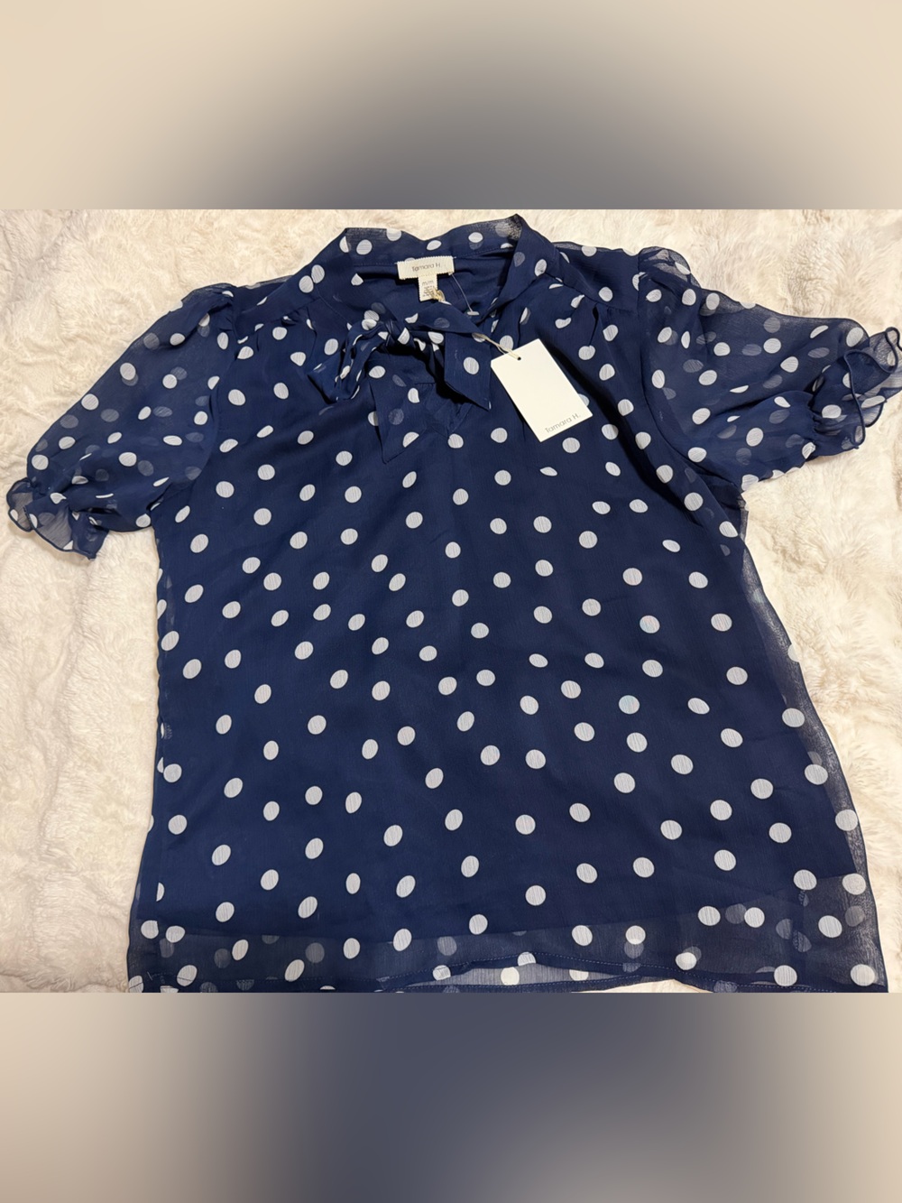 NWT!Polka Dot Tie-Neck Blouse - Navy Size M